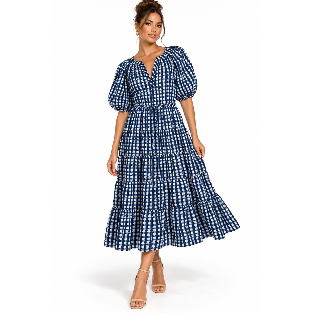 Calvin Klein Dorit Puff Sleeve Dress Indigo Blue White Grid Tiered Midi 12 NWOT